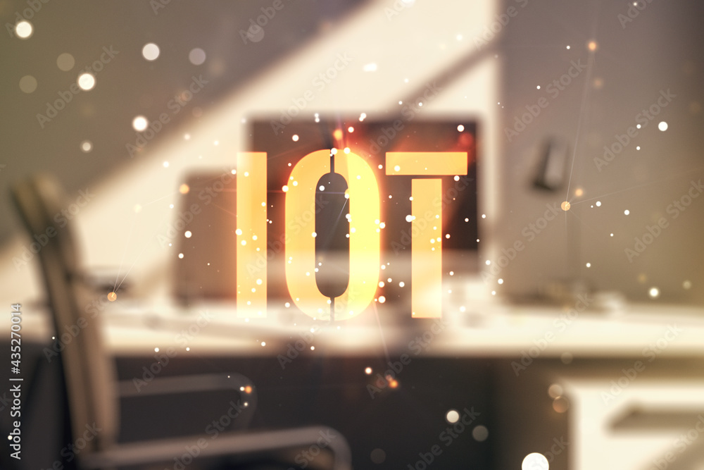 Poster creative iot concept and modern desktop with computer on background. multiexposure