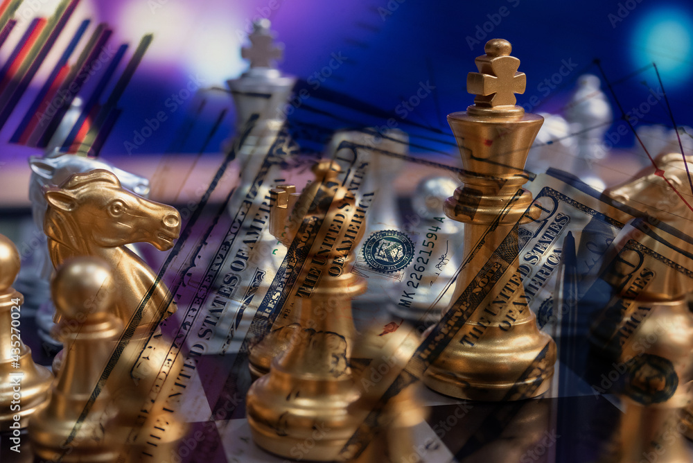 Poster chess board game to represent the business strategy with competition in the world market. and find o