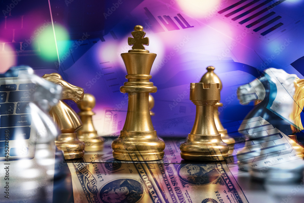 Poster chess board game to represent the business strategy with competition in the world market. and find o