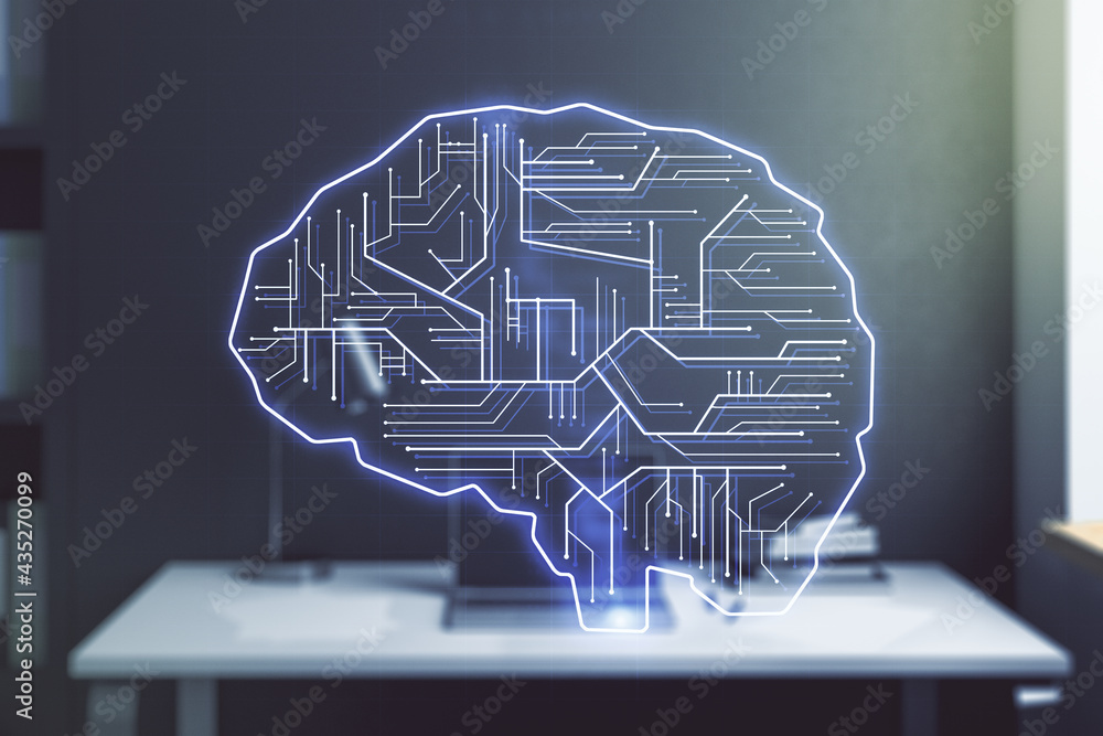 Aufkleber creative artificial intelligence concept with human brain hologram and modern desktop with computer 