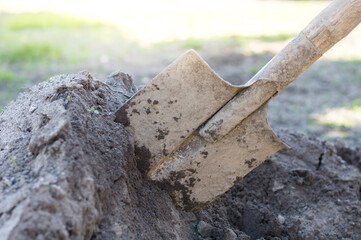 Shovel in the ground, close-up. Preparing the land for planting, garden maintenance