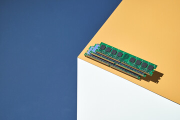 Isometry trendy cube concept. Computer memory module. Yellow and blue. Retail technology shop. Chip...
