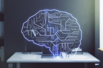 Creative artificial Intelligence concept with human brain hologram and modern desktop with computer...