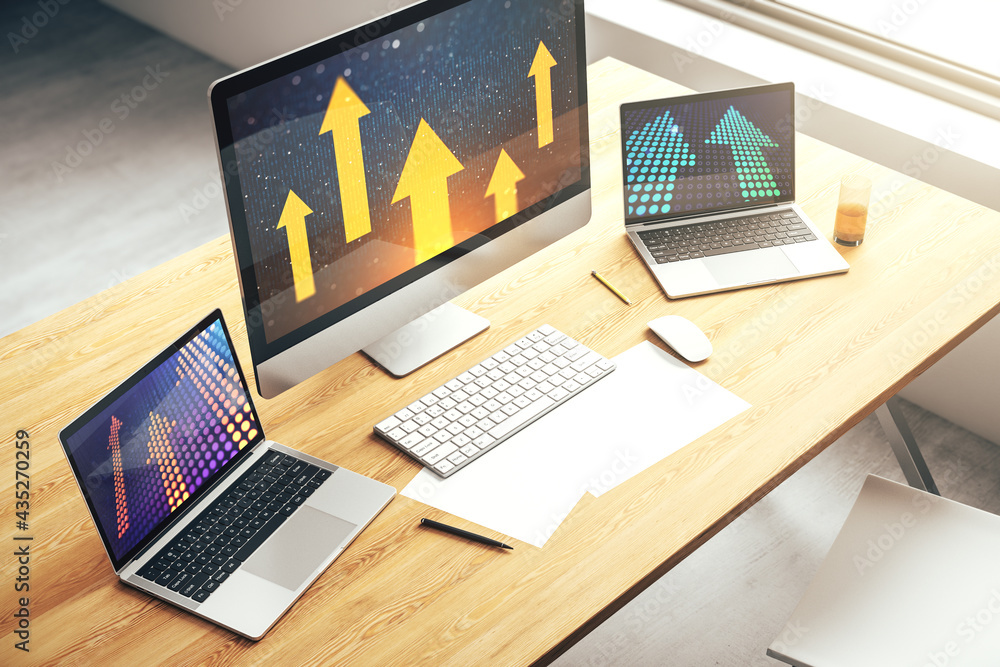 Poster modern computer monitor with creative abstract upward arrows hologram. ambition and challenge concep