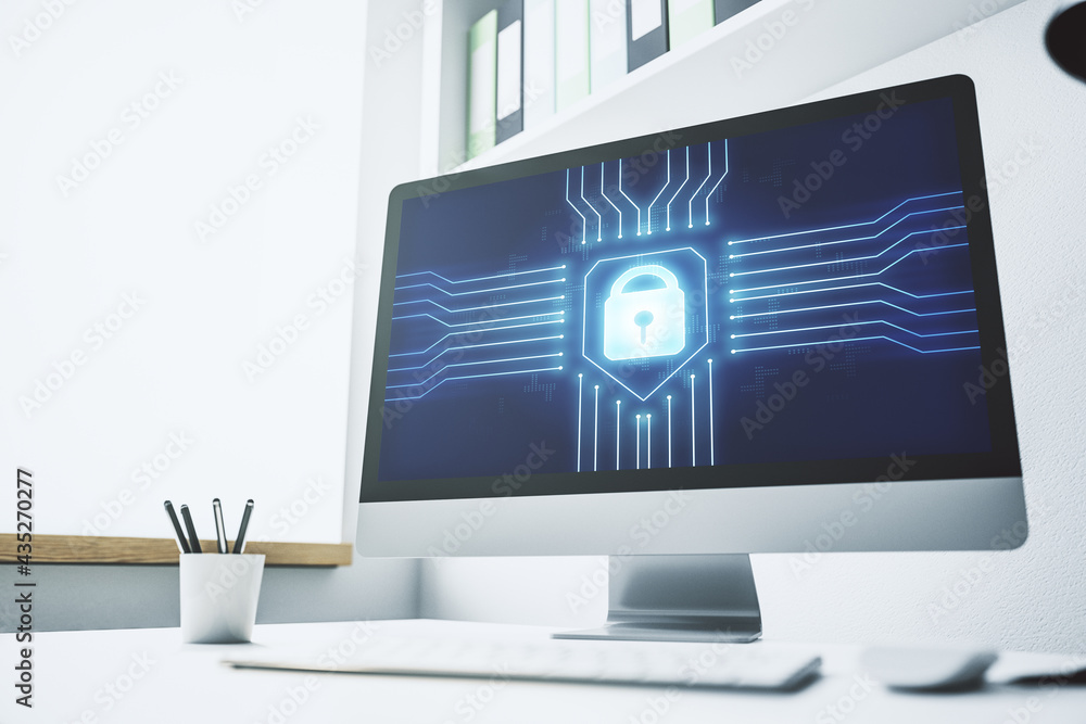 Poster Computer monitor with creative light lock illustration and microcircuit, cyber security concept. 3D Rendering