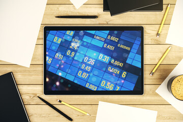 Modern digital tablet display with creative statistics data hologram, stats and analytics concept. Top view. 3D Rendering