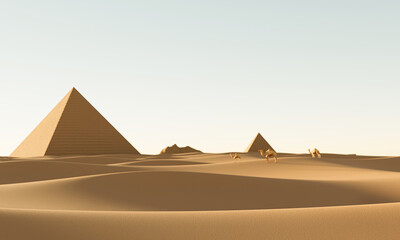 Obraz na płótnie Canvas The vast desert is distant with pyramids and a number of camels walk in the desert. Daytime scenery in the desert The sun is bright and bright. 3D Rendering
