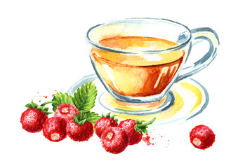 Cup of tea with Wild forest strawberries. Hand drawn watercolor illustration, isolated on white background