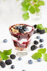 Berry smoothies with yoghurt, granola, chia seeds and fresh berries. Useful breakfast. Berries of blueberries and blackberries. place for a recipe