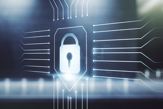 Virtual creative lock sketch with chip hologram on contemporary business center exterior background, protection of personal data concept. Multiexposure - Powered by Adobe