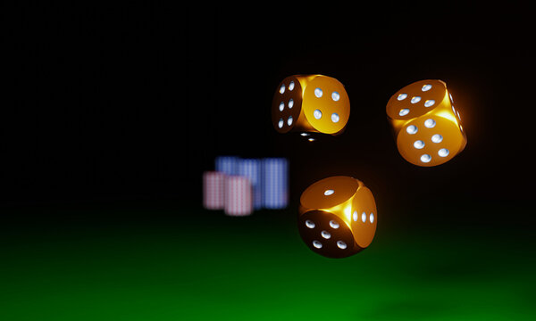 Circle shape golden dice are falling on the green felt table. The concept of dice gambling in casinos. 3D Rendering