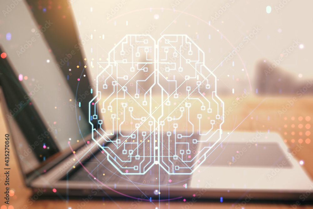 Poster Double exposure of creative artificial Intelligence symbol with modern laptop on background. Neural networks and machine learning concept
