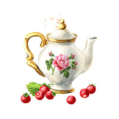 Teapot and Wild forest strawberries. Hand drawn watercolor illustration isolated on white background