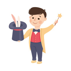 Little Boy with Magic Wand and Top Hat Representing Magician Profession Vector Illustration