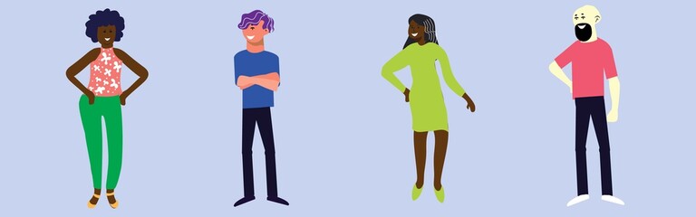 Vector illustration of diverse cartoon men and women of various races, ages and body type in office outfits. Isolated on white.