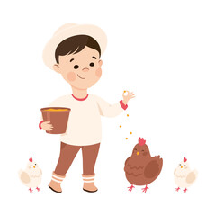 Little Boy Feeding Livestock with Grain Representing Farmer Profession Vector Illustration