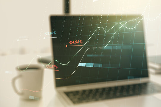 Abstract creative analytics data spreadsheet on modern computer background, analytics and analysis concept. Multiexposure