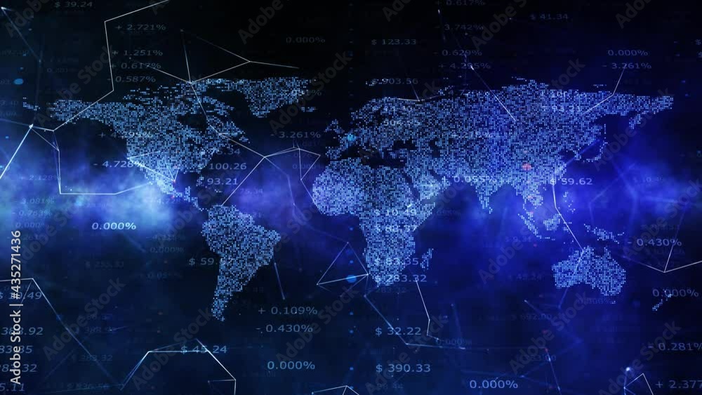 Poster business data index chart on dark blue glowing world map network.