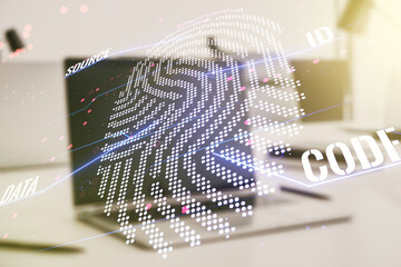 Multi exposure of abstract creative fingerprint illustration on modern laptop background, digital access concept