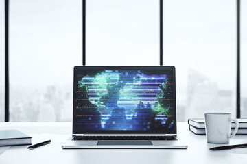 Abstract creative world map on modern laptop screen, international trading concept. 3D Rendering