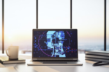 Modern computer monitor with creative artificial Intelligence symbol. Neural networks and machine...