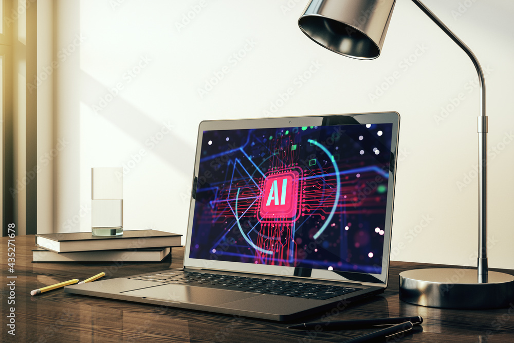 Poster computer monitor with creative artificial intelligence abbreviation. future technology and ai concep