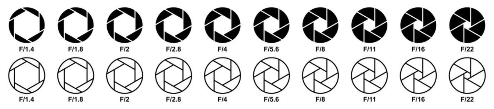 Camera Aperture icon set, lens diaphragm row with value numbers, Camera shutter, Vector illustration