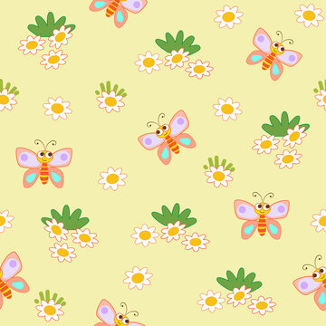 Seamless pattern with butterflies and flowers. Pattern in children's cartoon style with insects and plants on a yellow background.