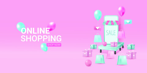 Online shopping store with mobile application digital marketing and sale banner background