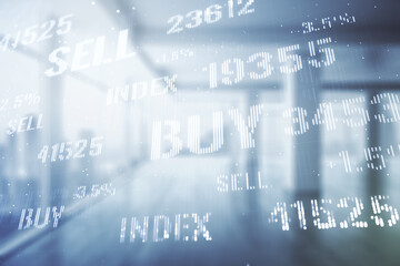 Fototapeta premium Abstract virtual financial graph hologram on modern interior background, financial and trading concept. Multiexposure