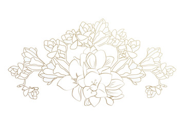 Vector wedding invitation with modern floral branch, gold flowers. Cute card with lettering.  Simple template with golden design. Hand drawn illustration.