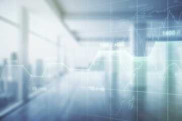 Double exposure of abstract virtual statistics data hologram on empty modern office background, statistics and analytics concept