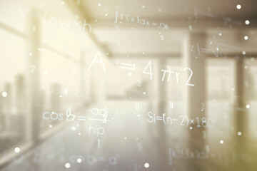 Scientific formula hologram on empty classroom background, research concept. Multiexposure