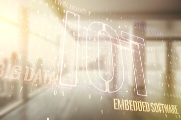 Abstract virtual IOT hologram on empty corporate office background. Multiexposure