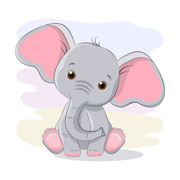 Cute baby elephant sits on a background of pastel sky