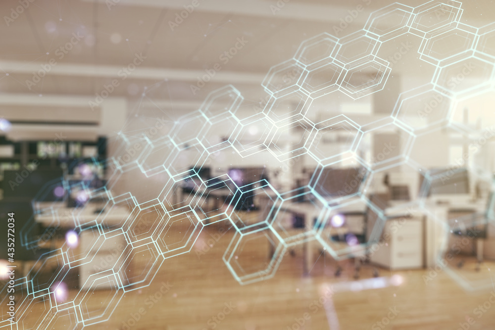 Aufkleber abstract virtual wireless technology hologram with hexagon on a modern furnished classroom backgroun