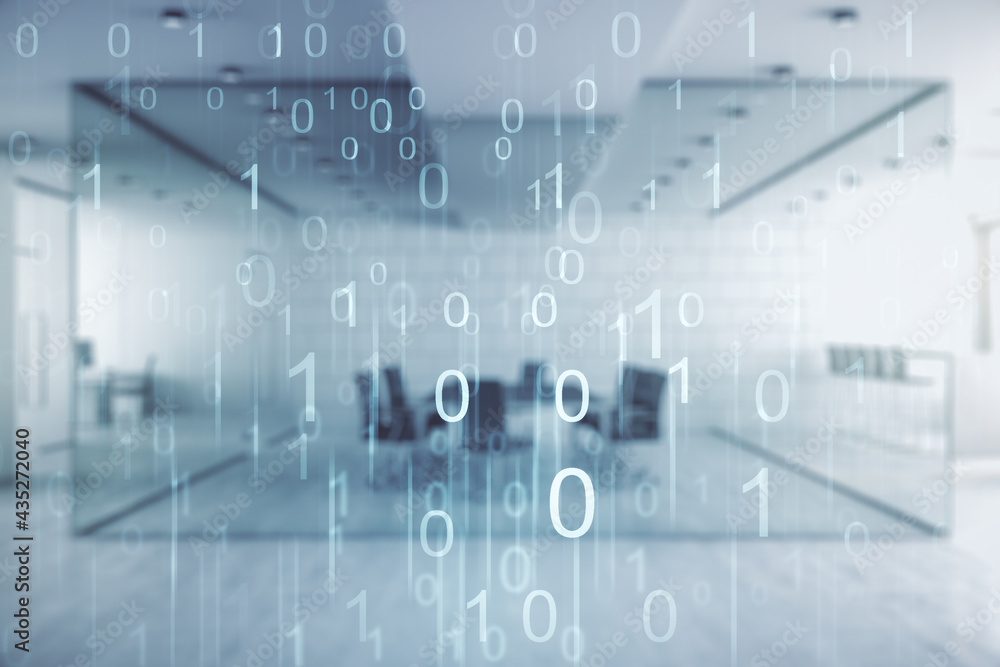 Poster abstract virtual binary code illustration on a modern furnished office background. big data and codi