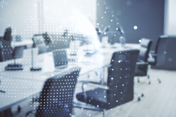 Abstract creative world map interface on a modern furnished office background, international trading concept. Multiexposure