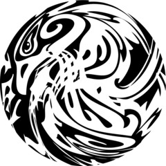 Ornamental circle in black and white tones with an eagle inside.  Eagle or phoenix symbol in a circle for tattoo, emblems, embroidery, prints on T-shirts, textiles, logos, stikers, etc.