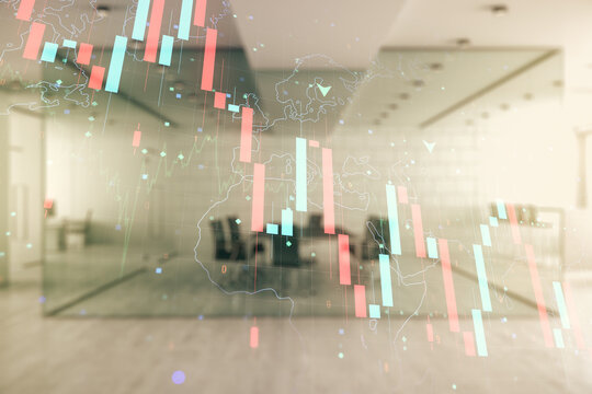 Abstract virtual global crisis chart and world map sketch on a modern furnished office interior background, falling markets and collapse of global economy concept. Double exposure