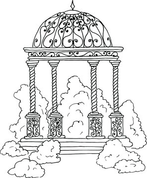 recommend clip art: Architecture, gazebo, garden gazebo, Hand drawing illustration, graphics, Garden, Vegetable garden, Plants, Summer veranda.