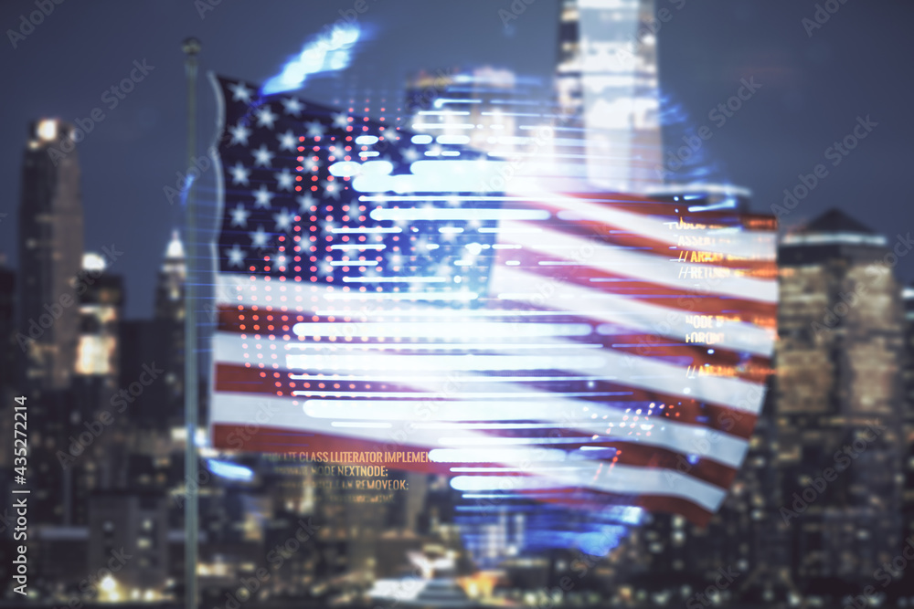Poster multi exposure of abstract programming language hologram and world map on us flag and city backgroun