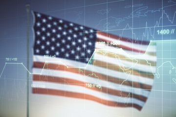 Abstract virtual stats data hologram on USA flag and sunset sky background. Multiexposure