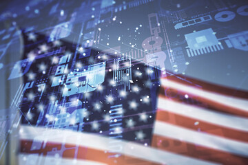 Double exposure of abstract creative programming illustration on US flag and blue sky background, big data and blockchain concept