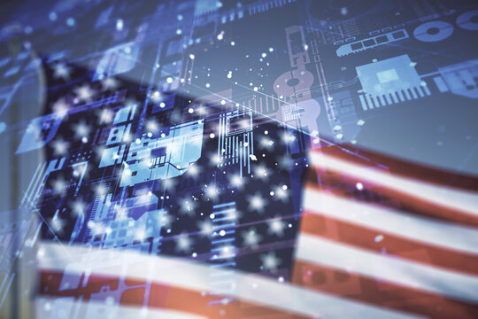 Double exposure of abstract creative programming illustration on US flag and blue sky background, big data and blockchain concept - Powered by Adobe