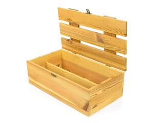 Open wooden crate on white background