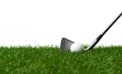 White golf ball and stick on green grass isolated on white. Horizontal sport poster, greeting...