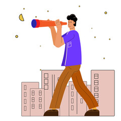 Man looking in spyglass, telescope search new goals, ideas, decisions, opportunities. Conceptnew business goals, ambition and motivation. Vector
