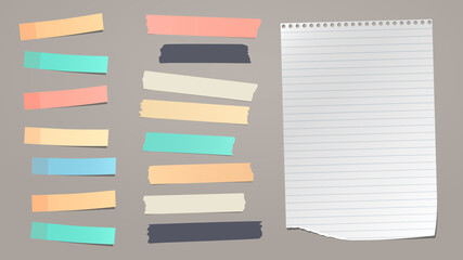 Set of colorful note paper, adhesive tape stripes, with torn notebook sheet stuck on brown background. Vector illustration