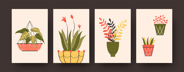 Set of contemporary posters with plants in pots. Potted flowers, hanging basket vector illustrations in pastel colors. Houseplants concept for kitchen or living room designs, social media, postcards